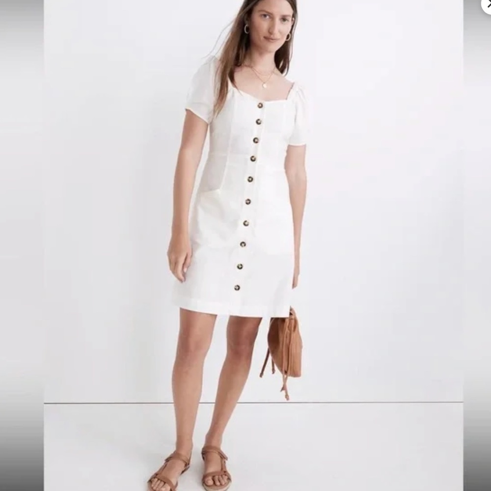 Madewell Sz 12 White Linen-Cotton Puff Sleeve Mini Dress